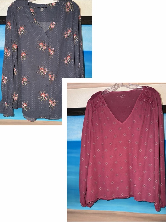 Tahari Tops - 2 Pack: Tahari & LOFT Womens Gray Floral Button-Down & Rose V-Neck Blouse